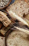 Overhead shot of bread and wheat